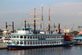 Profile of Louisiana Star paddle wheel tour boat on Elbe River. Hamburg, Germany.