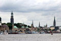 St Michael's Church & other towers of Hamburg as seen from harbor. Hamburg, Germany.