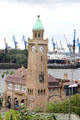 St Pauli Pier clock tower with ship dry docks beyond. Hamburg, Germany.