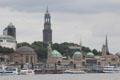 Church spires over St Pauli Pier. Hamburg, Germany.