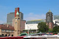 St Pauli Pier clock tower with buildings along Bernhard-Nocht on hill beyond. Hamburg, Germany.