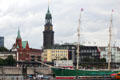 Swedish Gustav Adolf Church with tower of St. Michael's church over Rickmer Rickmers museum ship. Hamburg, Germany