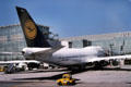 Lufthansa Boeing 747 plane at gate at Frankfort am Main Airport. Germany.