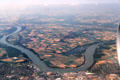 Aerial view of Rhine River bend over Gernsheim. Germany.