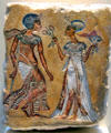 Egyptian painted stone relief of royal couple in garden from Amarna at Neues Museum. Berlin, Germany