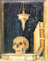 Detail of skull on inlaid wooden choir stalls from Pavia at Bode Museum. Berlin, Germany.