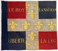 French revolutionary infantry flag from time before king was executed with lilies at German Historical Museum. Berlin, Germany.
