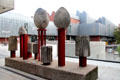 Columnar stones mounted on beams as a sculpture outside Roman Germanic Museum. Köln, Germany.