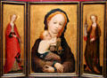 Triptych of Madonna with Sweet Pea Flower flanked by Sts Catharine & Barbara paintings by Master of St Veronica in Köln at Wallraf-Richartz Museum. Köln, Germany.