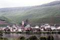 Town & vineyards on opposite bank of Mosel River as seen from Pünderich. Pünderich, Germany.