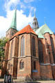 Gothic additions surround original Romanesque core of St Jacob's Church. Lübeck, Germany.