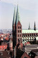 Marien church from elevated viewpoint of St Peter's Church. Lübeck, Germany.