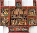 Passion carved altarpiece over last supper painting at Schleswig Holstein State Museum. Schleswig, Germany.