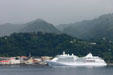 View of Roseau & cruise dock from sea. Roseau, Dominica.