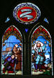 New Haven Cathedral stained glass of Christopher Columbus who named island. Roseau, Dominica.
