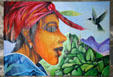 Painting of woman & hummingbird by Hillroy Fingal in gallery at Old Mill Cultural Center. Dominica