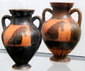 Greek terracotta black-figure amphoras with horses from Corinth at Antikensammlungen. Munich, Germany