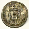 Gilded mirror back with relief of three graces found near Eichstätt at Bavarian State Archaeological Collection. Munich, Germany.