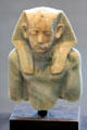 Upper half of seated figure of Pharaoh Amenemhat III of limestone from Fayum? at Museum Ägyptischer Kunst. Munich, Germany.