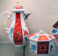 Meissen porcelain coffee pot & covered box in red & blue at Meissen porcelain museum at Lustheim Palace. Munich, Germany