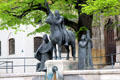 Statues of St Simpert, Ulrich von Augsburg on horseback & Afra von Augsburg outside Augsburg Cathedral. Augsburg, Germany.