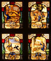 Stained glass windows with scenes of four Evangelists at Coburg Castle. Coburg, Germany.