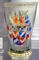 Back side of footed glass beaker with family shields of Daniel von Rechlingen & Pollixena von Cononi from Hall/Tirol? at Coburg Castle. Coburg, Germany.