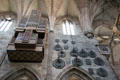 Organ pipes & memorial plaques in St Lawrence Church. Nuremberg, Germany.