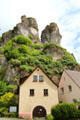 Tüchersfeld house sit among rock formations formed by reef during Jurassic era. Tüchersfeld, Germany