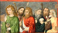 Detail of Apostles with attributes painting by Master of Tucher Altarpiece of Nurnberg at Germanisches Nationalmuseum. Nuremberg, Germany.