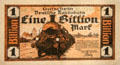 German inflation railway ticket priced at one billion Marks at Nuremberg Transport Museum. Nuremberg, Germany.