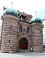 Former armory with onion domes Pfannenschmied gasse 24. Nuremberg, Germany.