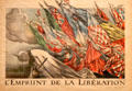 Liberation Loan poster by Abel Faivre of France shows flags of Allied Nation crushing German Kaiser in private collection. Germany.