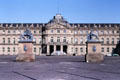 Neues Schloss with lion & deer on pedestals guarding entrance. Stuttgart, Germany.