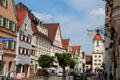 View along Königstrasse to Middle city gate & tower. Dillingen, Germany.