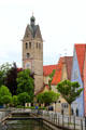 Clock tower of Lutheran church of Our Lady on Frauenkirchplatz. Memmingen, Germany.