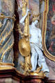 Germanic sculpture of helmeted saint with shield standing on fire at Ottobeuren Abbey. Ottobeuren, Germany.