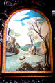 Painting of river scene adorning choir stall in St Lorenz Basilica. Kempten, Germany.