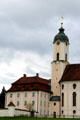 Clock tower of Wieskirche. Steingaden, Germany.