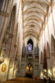 Tall & narrow nave & sharply pointed arches of interior of Ulm Münster. Ulm, Germany
