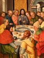 Breaking of bread at Last Supper oil on wood panel painting by Westphalian Master at Museum of Bread and Art. Ulm, Germany.