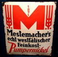 Sign advertising Mestemacher genuine Westphalian Pumpernickel at Museum of Bread and Art. Ulm, Germany.