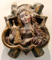 Keystone with sculpture of St Mary Magdalene holding her symbol of covered ointment jar by unknown artist from Kloster Blaubeuren at Ulmer Museum. Ulm, Germany.