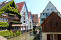 Blau River lined by steep roofed homes in historic style. Ulm, Germany.