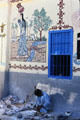Wall painting in a village near Thebes with blue-painted windows to keep out evil spirits. Egypt
