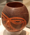 Nazca culture ceramic global vessel with trophy face from Peru at Museum of America. Madrid, Spain.