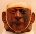 Moche ceramic vessel portrait head with face painting from Peru at Museum of America. Madrid, Spain.