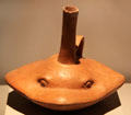 Moche ceramic stirrup-spout bottle in shape of sting ray from Peru at Museum of America. Madrid, Spain.
