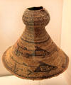 Nutka culture woven hat with whale hunting scene from Northwest Coast America at Museum of America. Madrid, Spain.