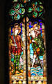 Stained glass window with saints at Barcelona City Hall. Barcelona, Spain.